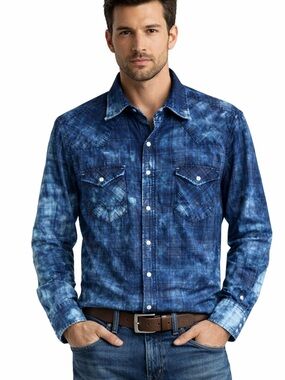 Ryan Michael Western Shirt Blue Tie Dye Plaid Size M Snap Front Cotton Casual